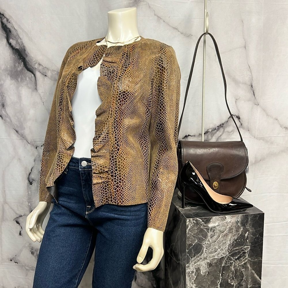 * Brown caramel snake, leather, long sleeve, jacket with front ruffle trim